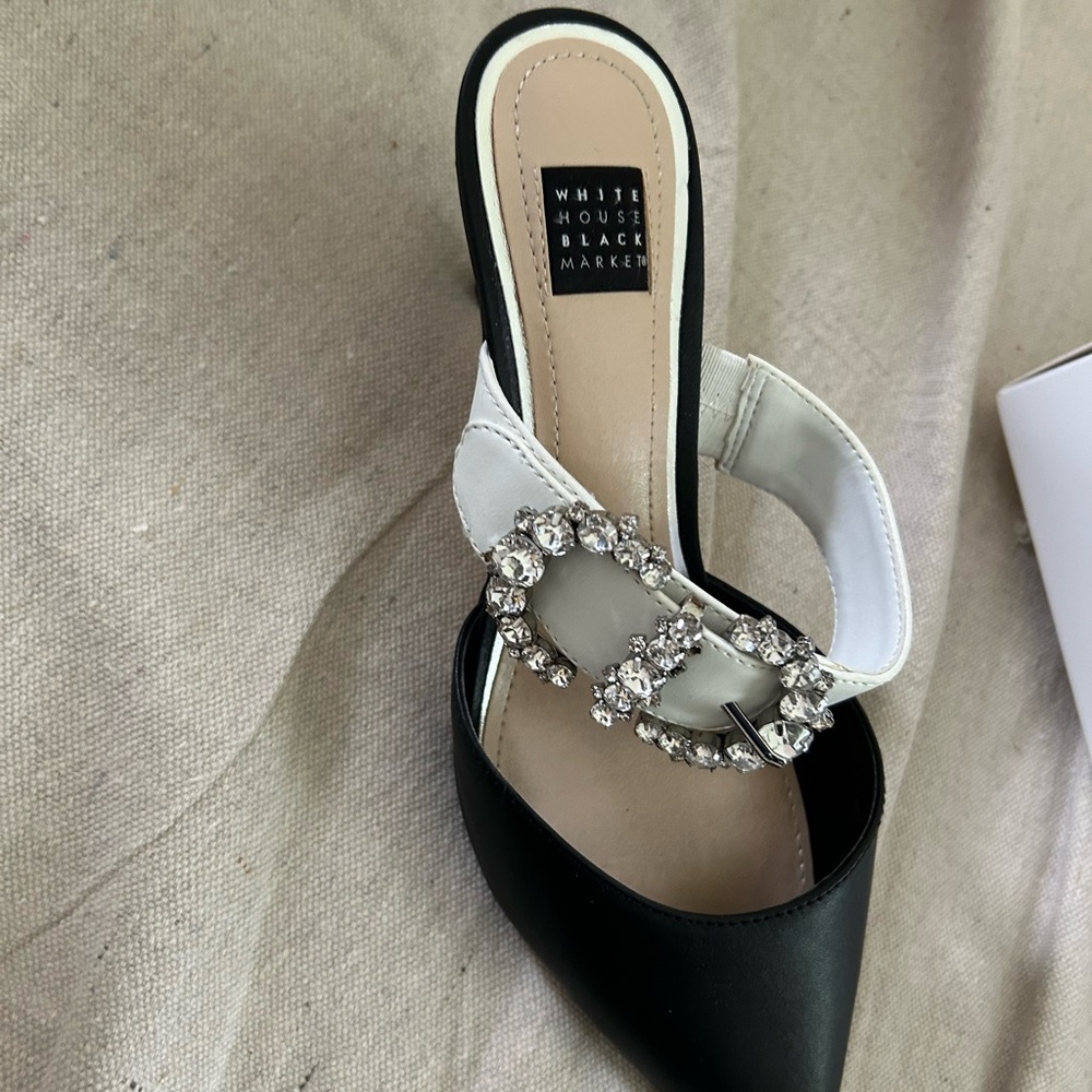 White House Black Market Black and White Jeweled Slingback Heels
